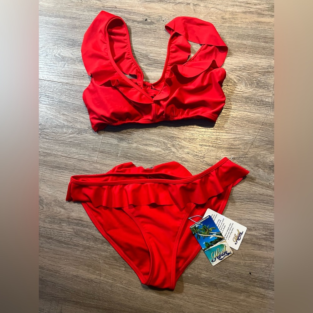 Heat Swimwear Large Red Ruffle Top & Ruffle Bottoms NWT!
